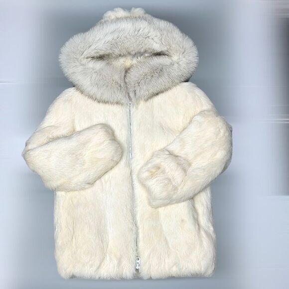 DAVID GREEN Alaska Girls White Rabbit Fur Hooded Parka Jacket Fox Fur Trim 6 - Picture 1 of 11